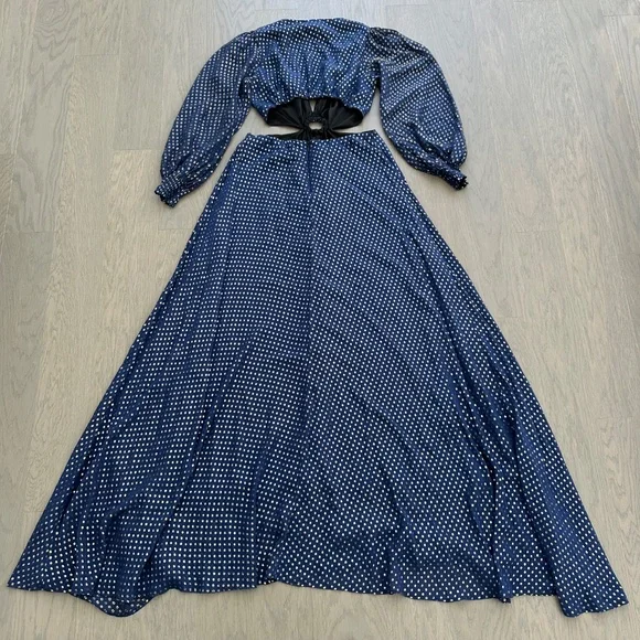 DELFI Collective Cerise Gown Blue Polka Dot Silk Metallic Gold Cut Out - Small - Picture 3 of 12